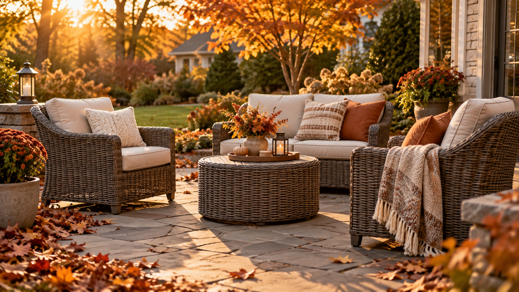 Wicker patio conversation set with cushions on a backyard patio in autumn light