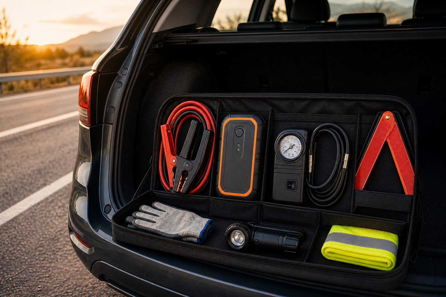 Portable car jump starter with tire inflator in a trunk emergency kit