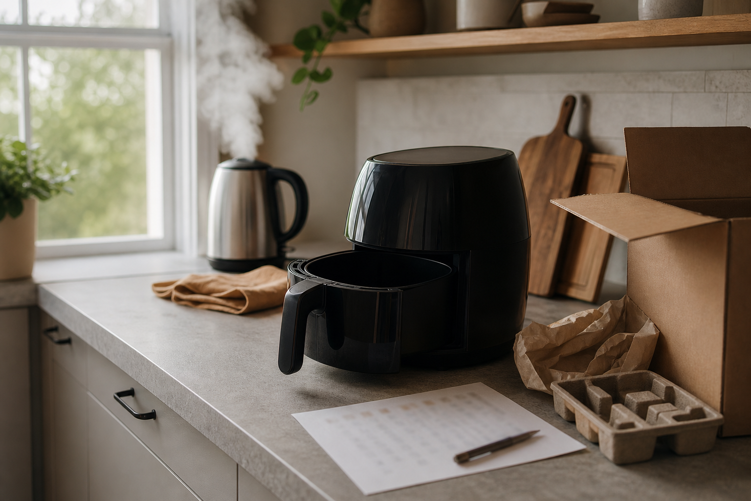 Compact kitchen appliance with a short post-sale care checklist beside it on a counter