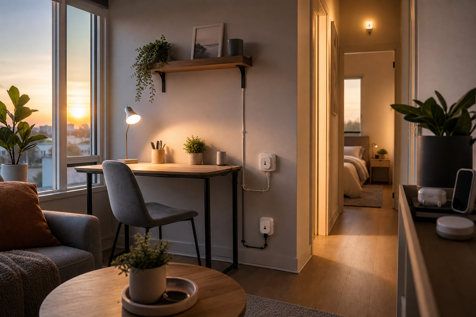 Bright and calm small apartment with an AI-assisted morning routine setup