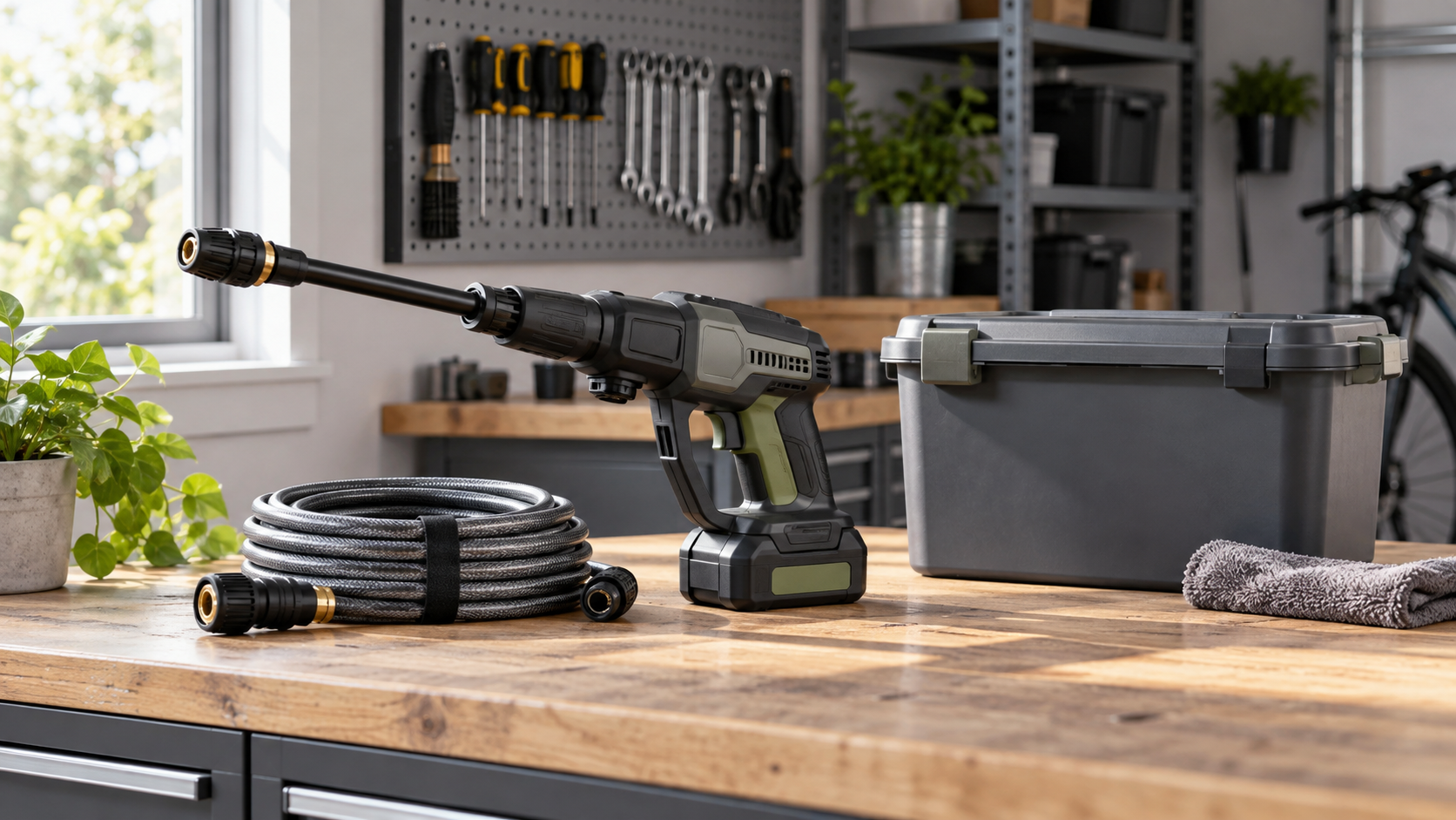 Cordless pressure washer and coiled hose drying on a garage workbench