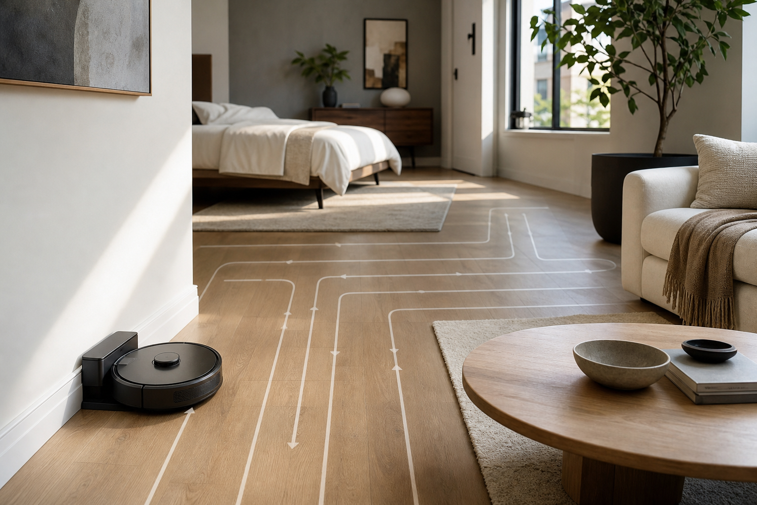 Compact robot vacuum on a tidy apartment floor beside a small shopping checklist