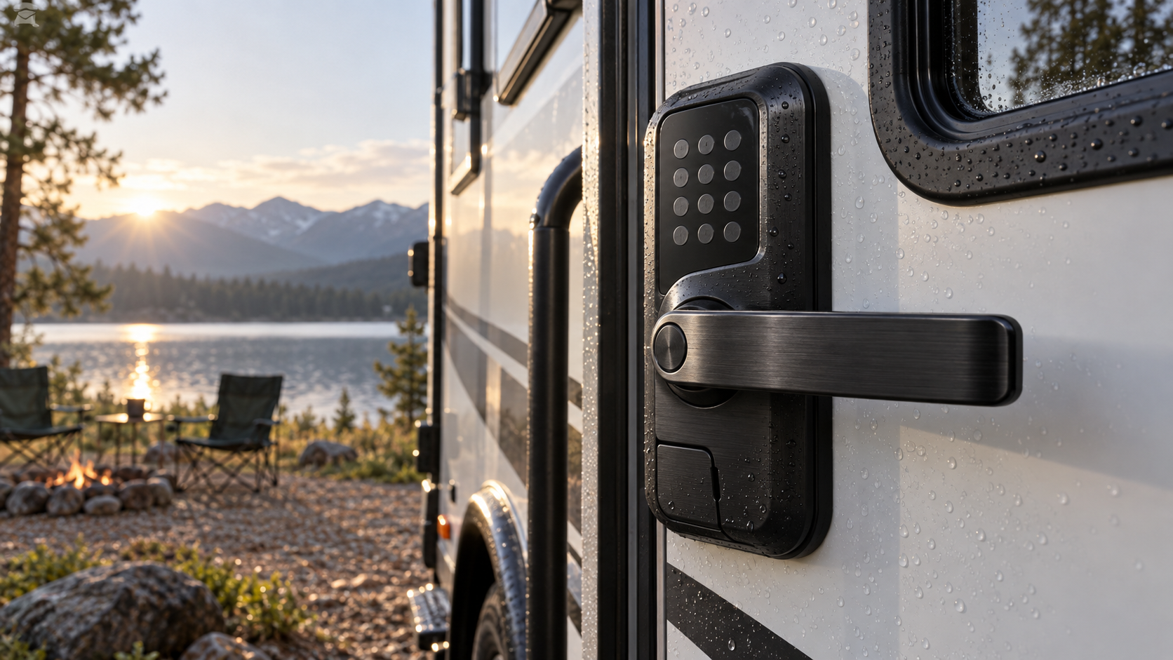 RV keyless entry door lock with all-metal handle and hidden mechanical key backup