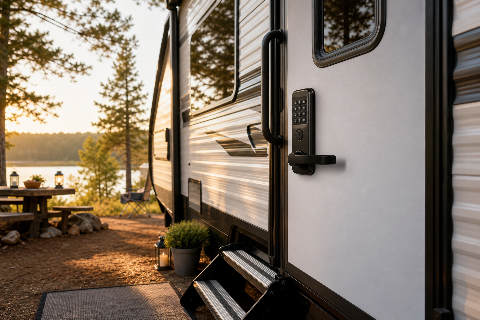 RV door with a keyless entry lock at a sunny campsite