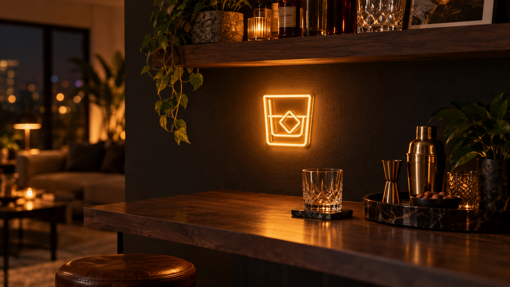 Compact amber bar neon sign above a narrow home bar corner at night