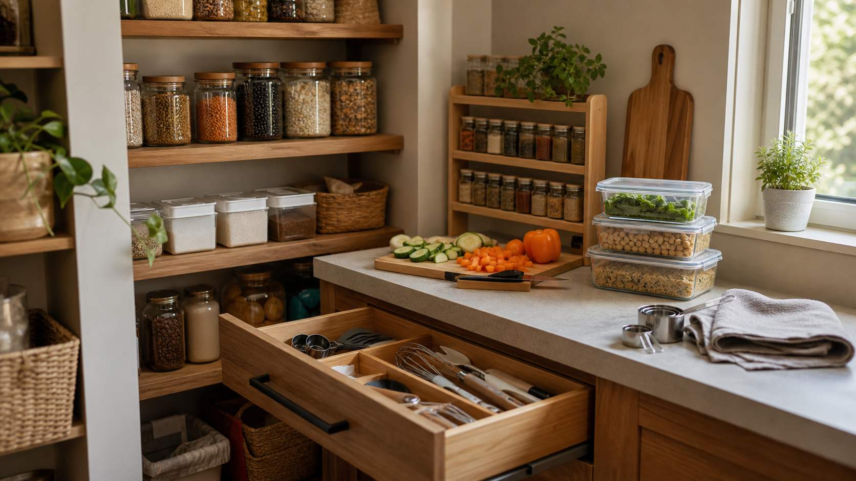 Small kitchen pantry and counter with organized jars, labels, and cooking tools