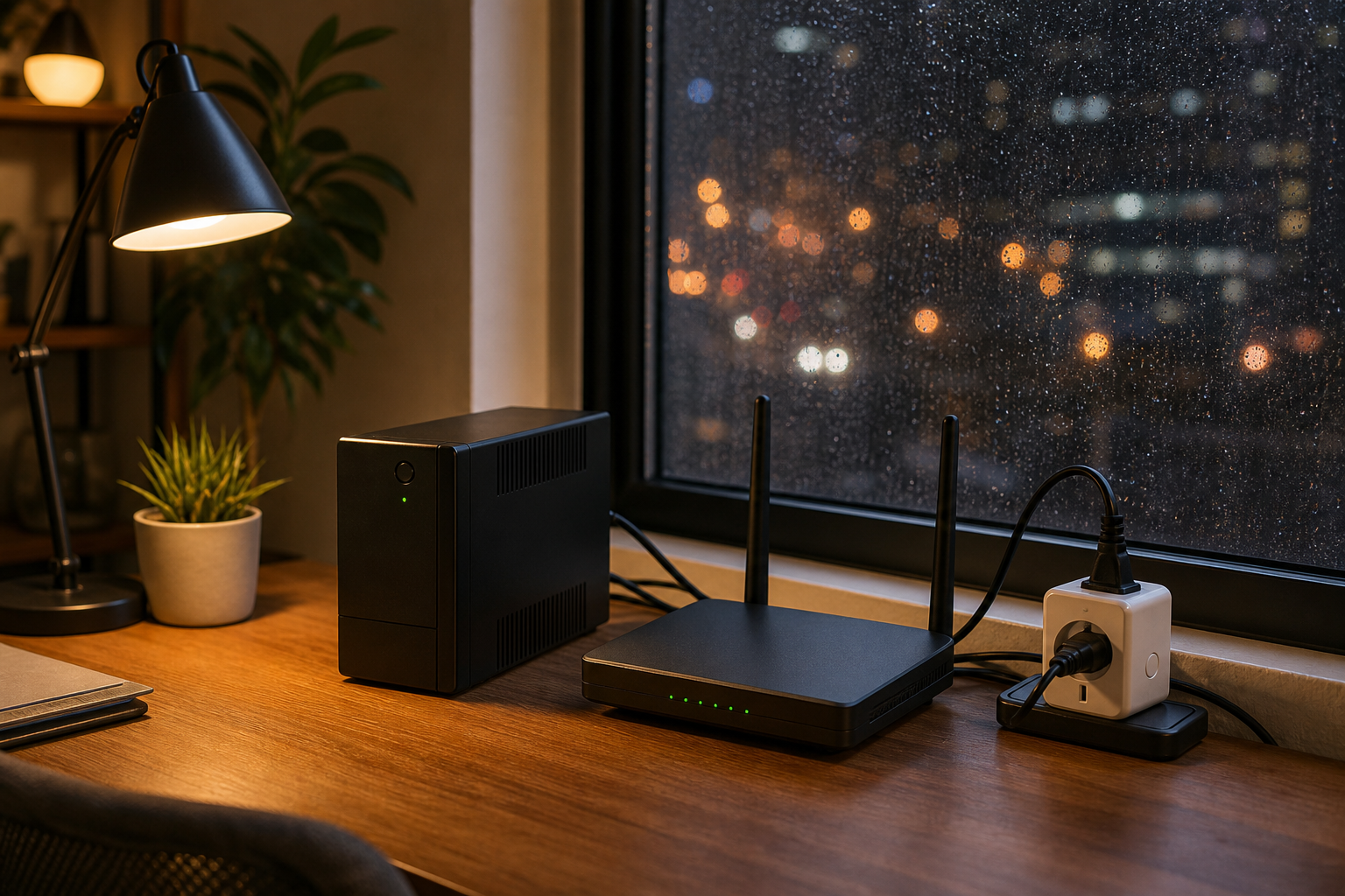 Compact small apartment desk setup with a compact UPS, router, and organized backup gear.