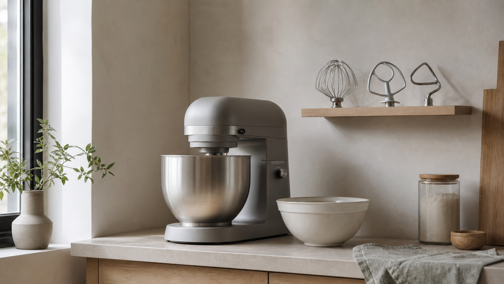 Compact stand mixer and attachments organized on a small kitchen counter