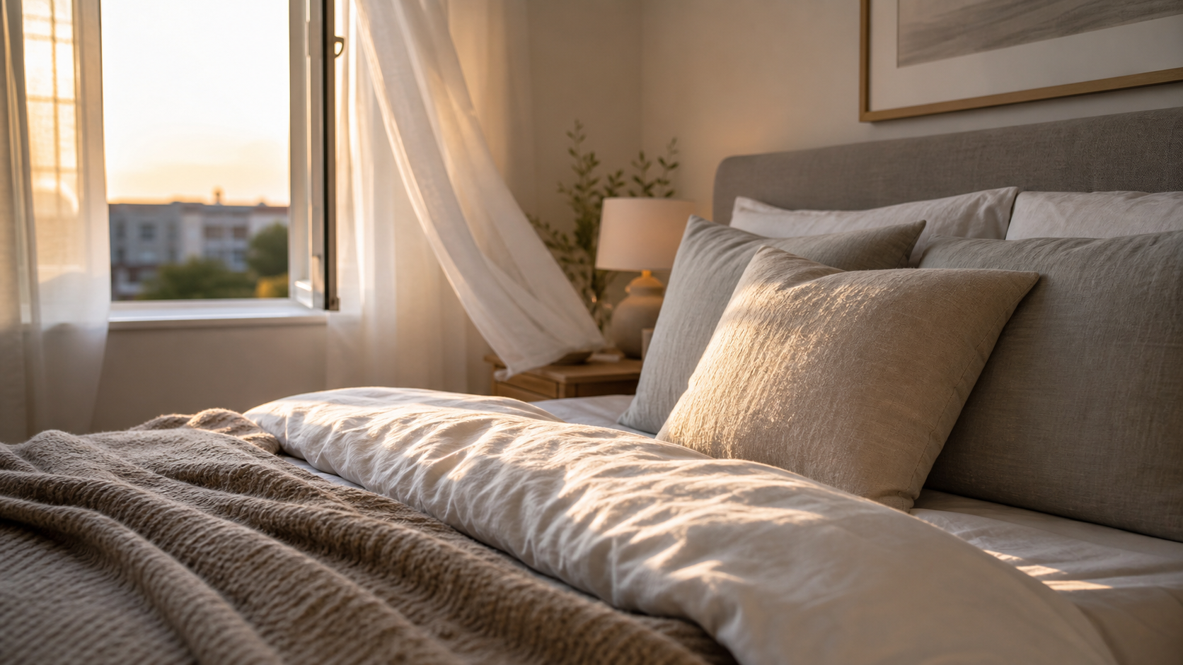 A compact bedroom comfort setup showing airflow tools for a cooler, quieter summer night
