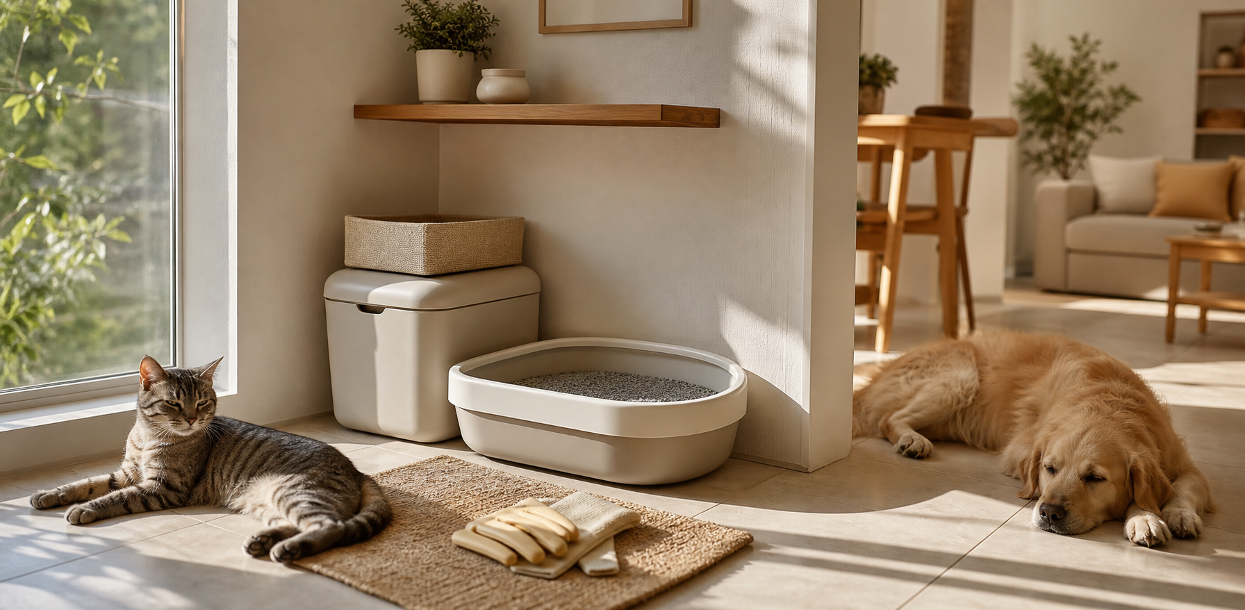 Pet cleanup corner with organized litter station and labeled storage in a sunlit apartment