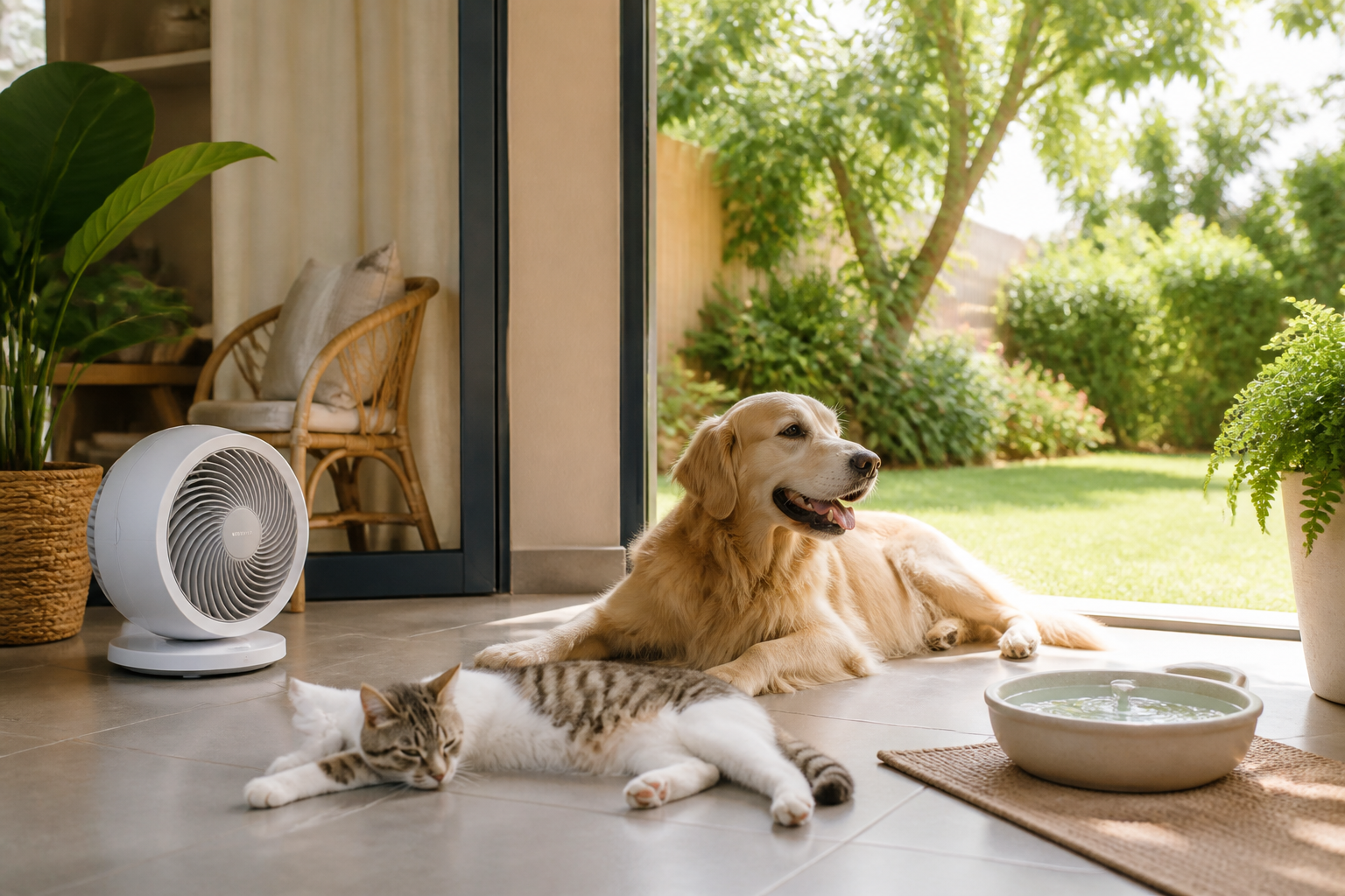 Dog and cat relaxing beside a pet fan and water station in a shaded summer porch setting