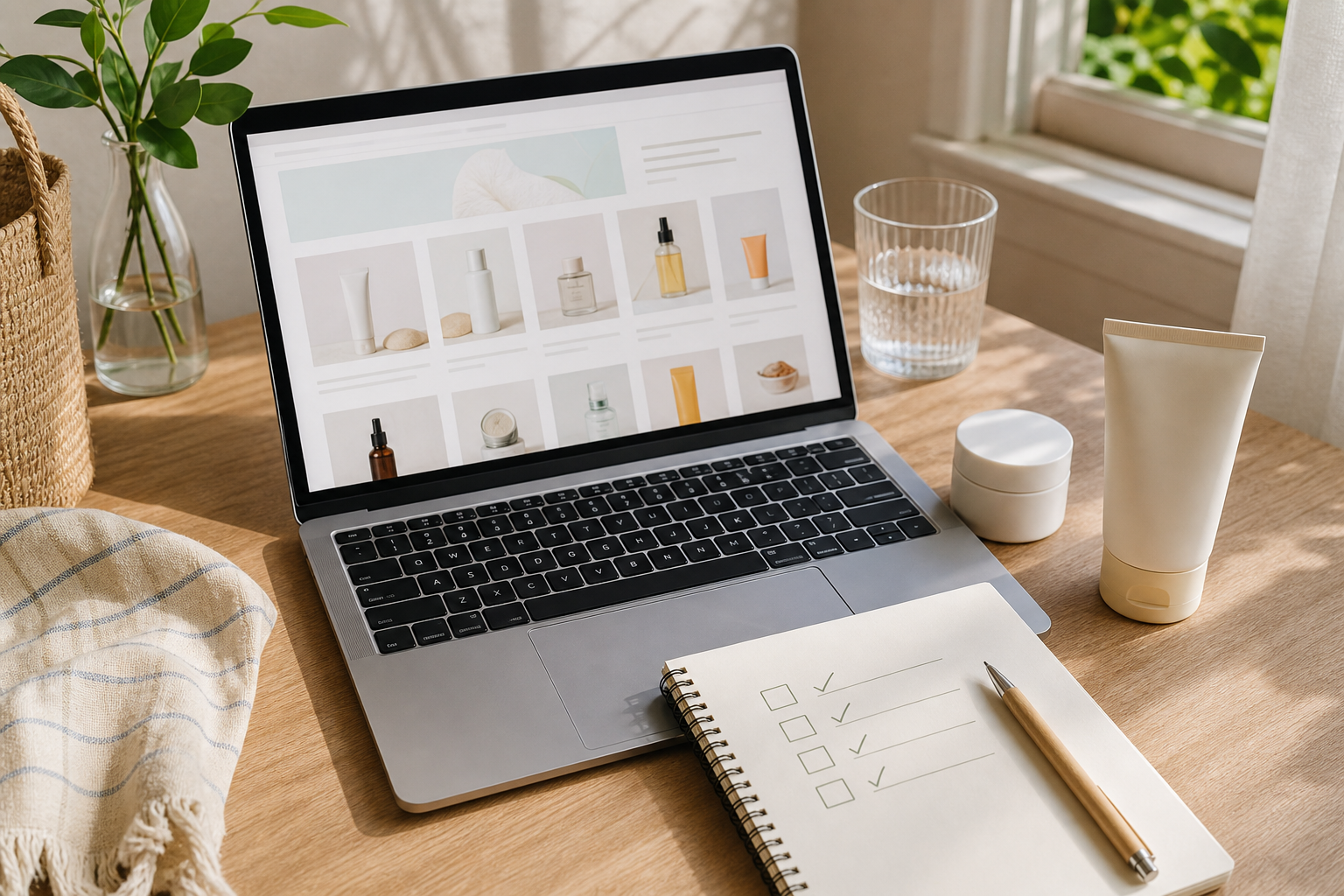 Desk setup with a simple Amazon deal checklist and two compact skincare products in sunlight.