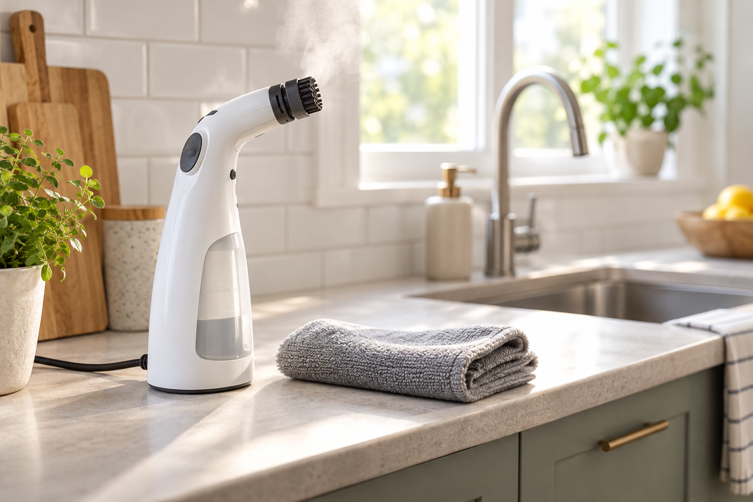 A handheld steam cleaner standing on a bright kitchen counter next to a folded cloth