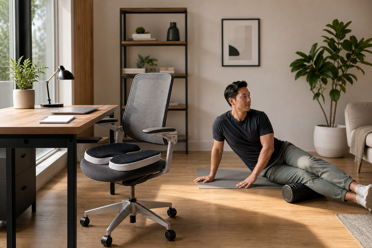 Apartment workspace with desk, cushion, and compact recovery routine tools