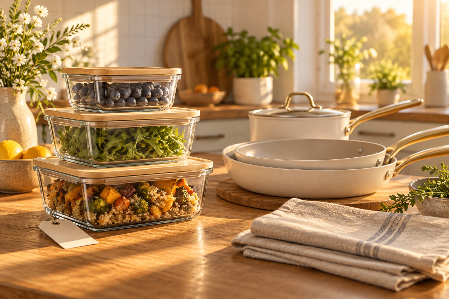 Glass food storage containers and cookware arranged on a sunlit kitchen table