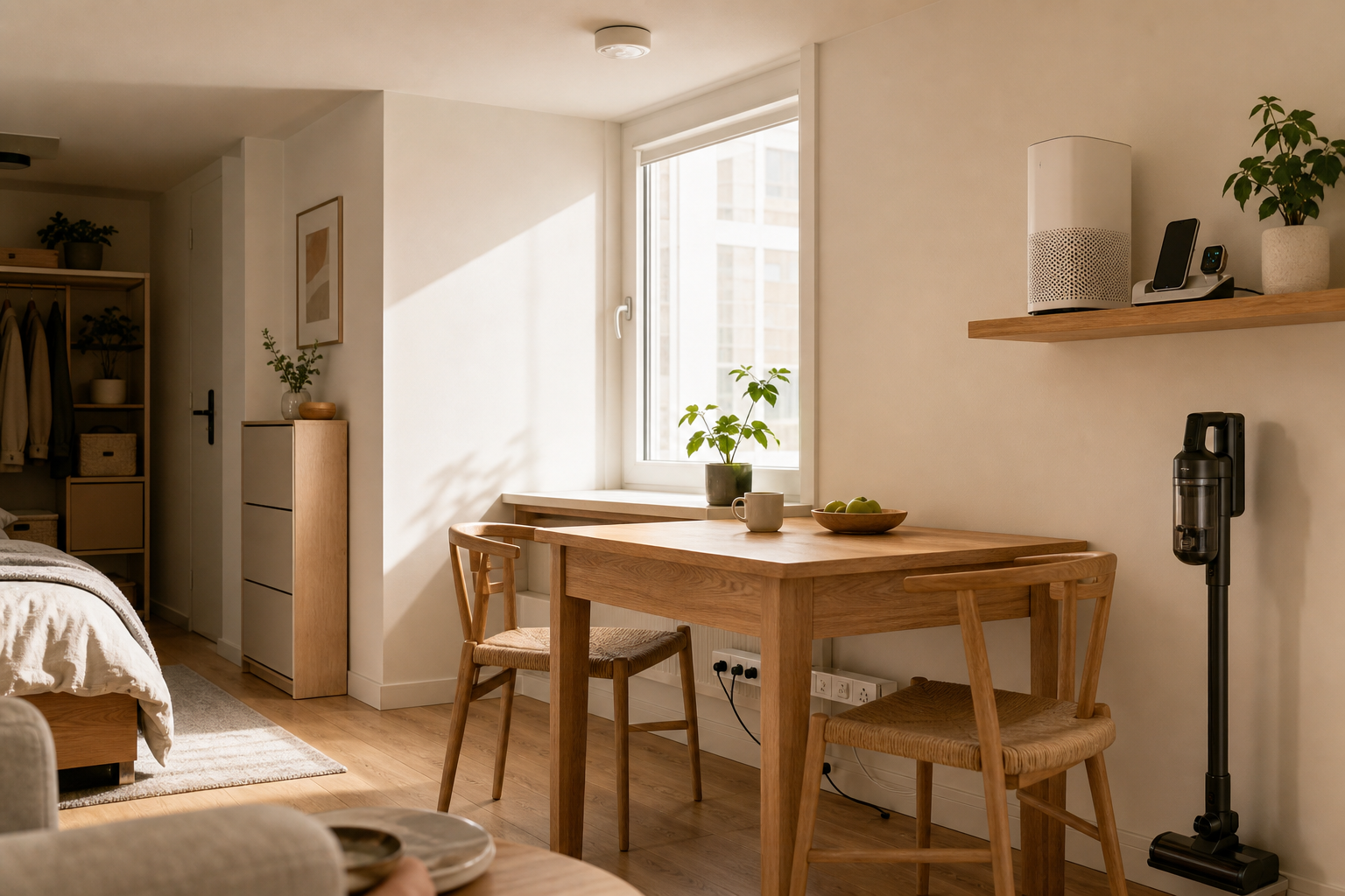 Tidy apartment corner with practical smart gadgets