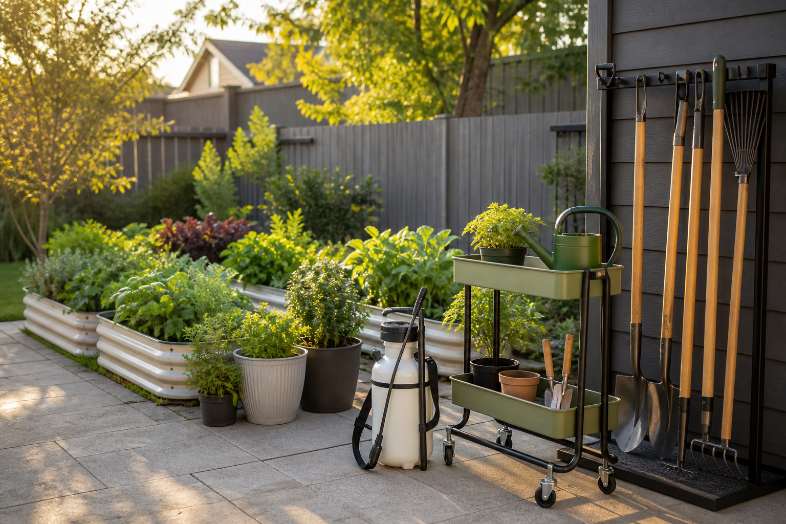 Backyard utility station with compact garden tools ready for summer maintenance