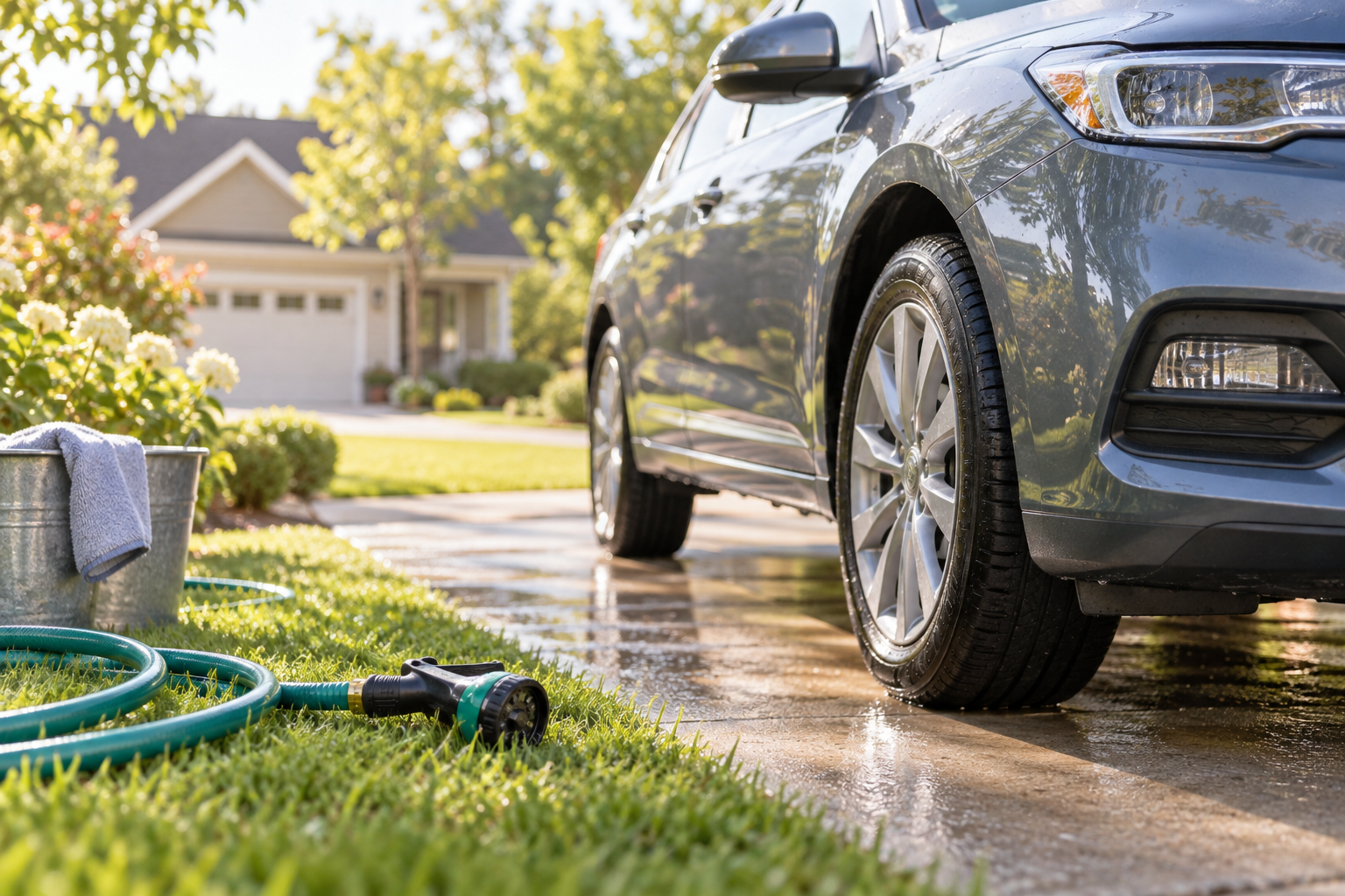 Car wash water gun and garden hose beside a car on a driveway in morning light