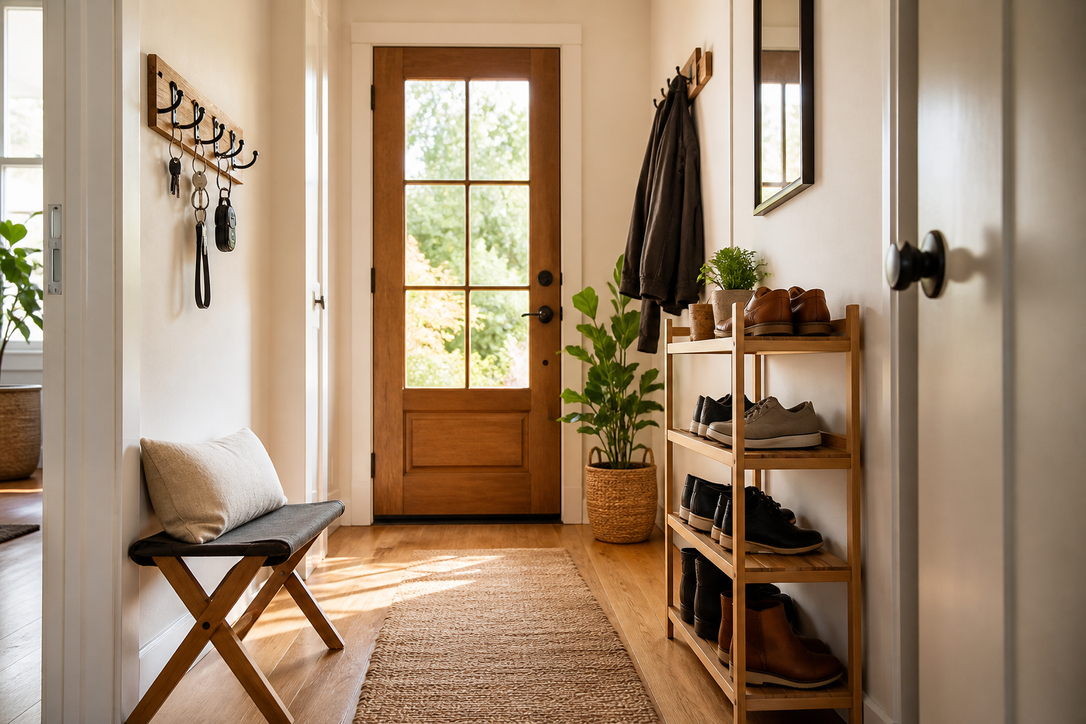 Wide-angle shot of a small home entryway with organized shoes, keys, and a foldable bench