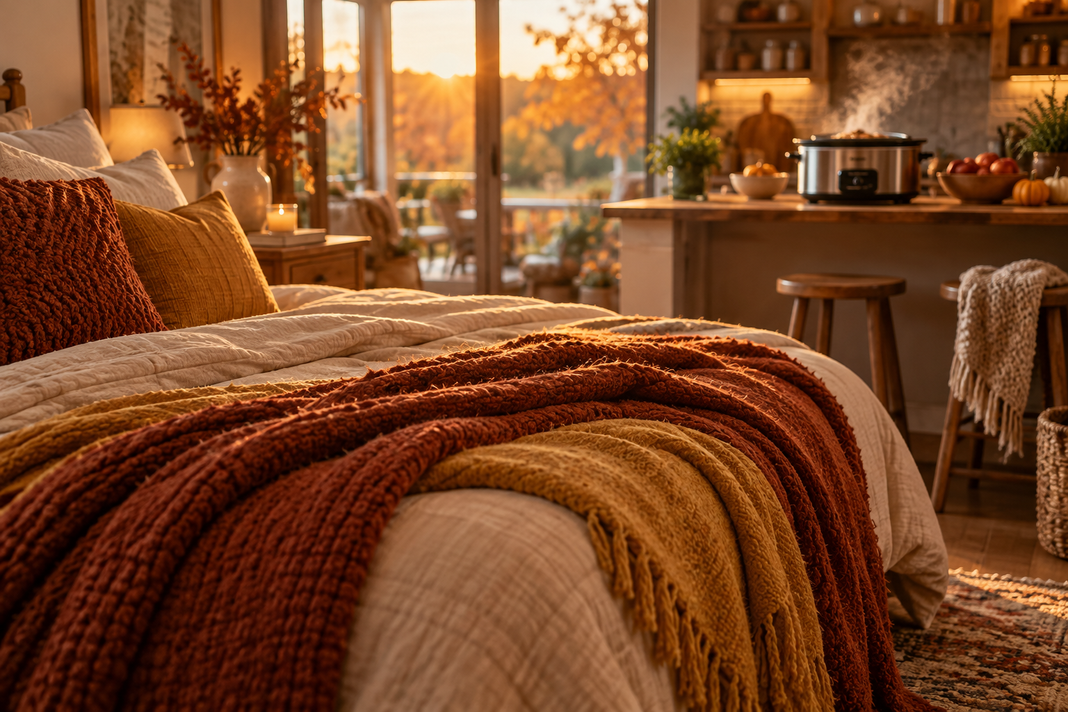 A cozy fall home scene with a beige comforter bed, folded autumn throw blankets, and a slow cooker on a wooden counter