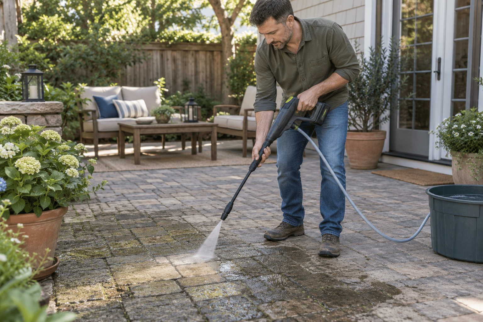 A cordless washer being tested on a hidden patio paver.