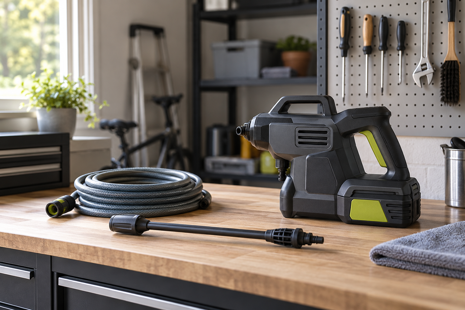 Cordless pressure washer, coiled hose, and nozzle drying on a garage workbench