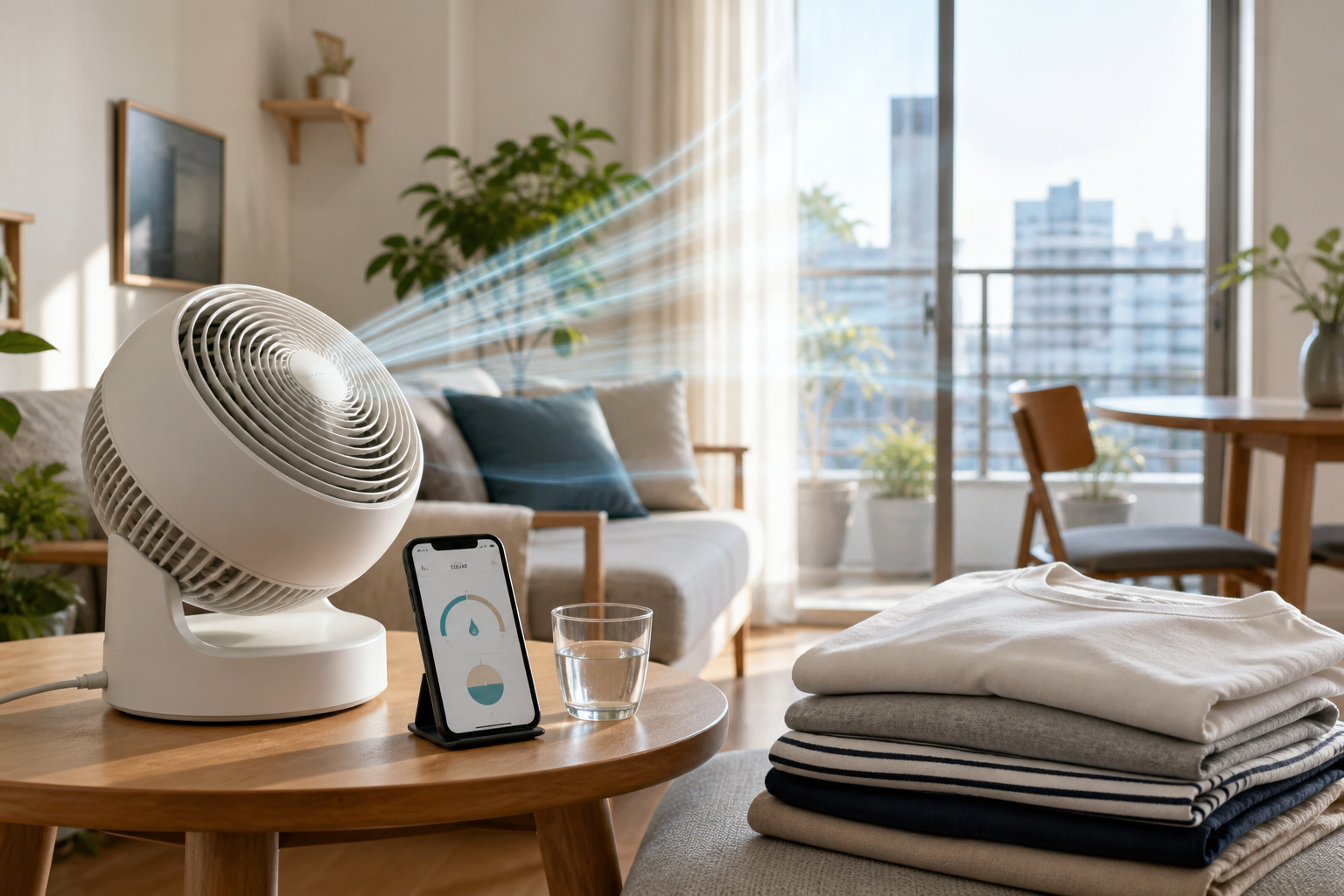 Compact humidity control setup in a tidy small apartment