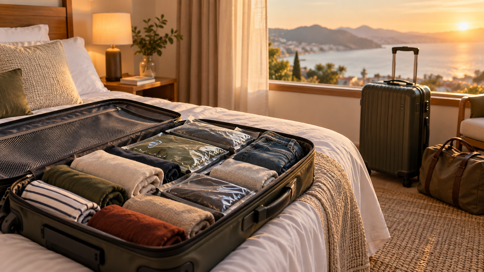 An open suitcase with rolled clothes and compression bags beside a hard-shell case