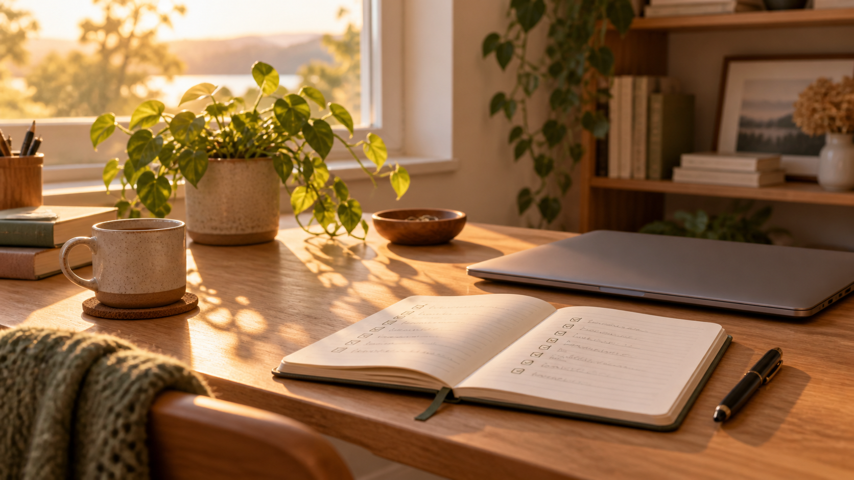 A notebook with a two-column list on a sunlit desk beside a closed laptop