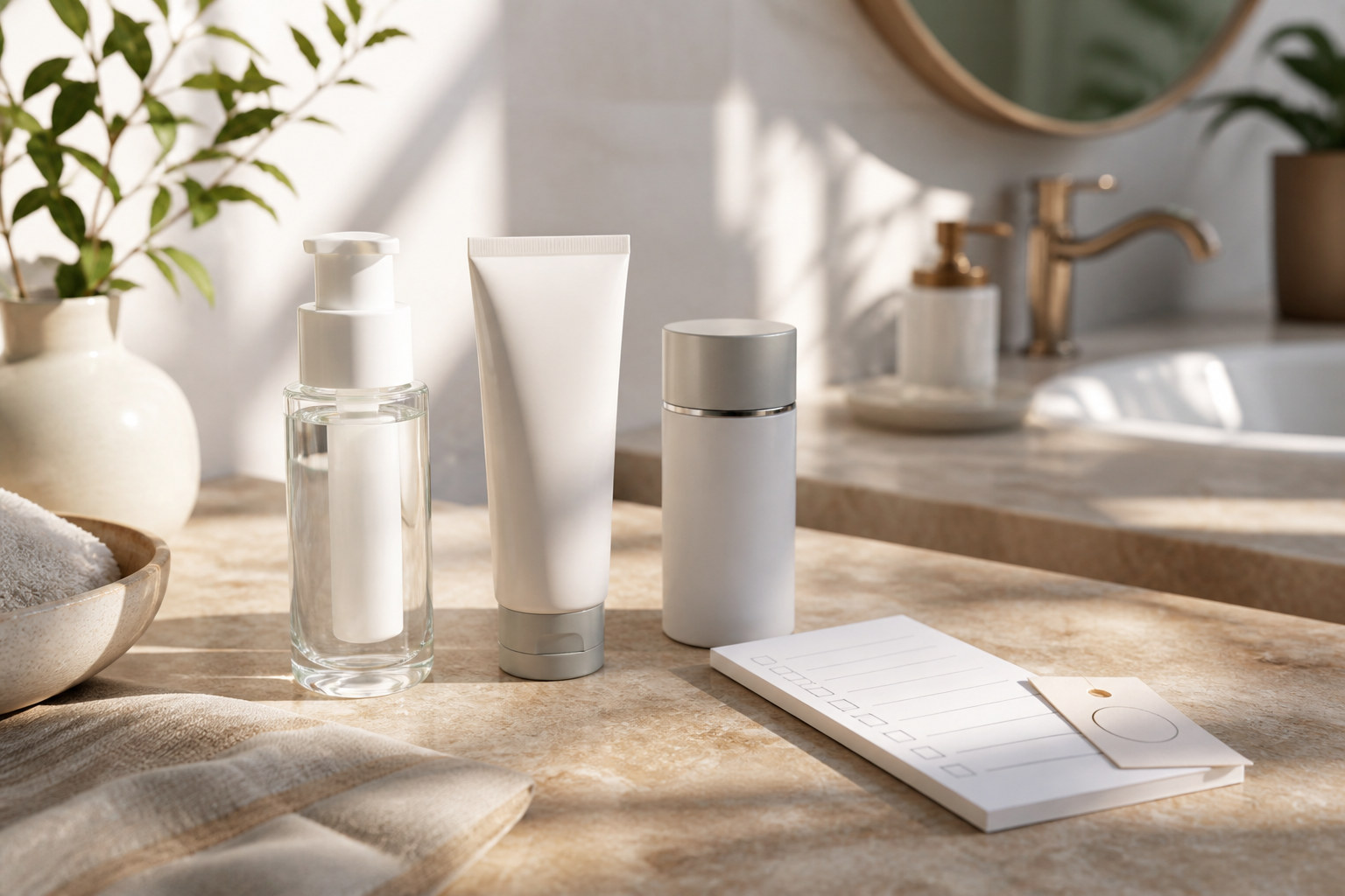Amazon skincare products on a clean counter with a shopping list and timer
