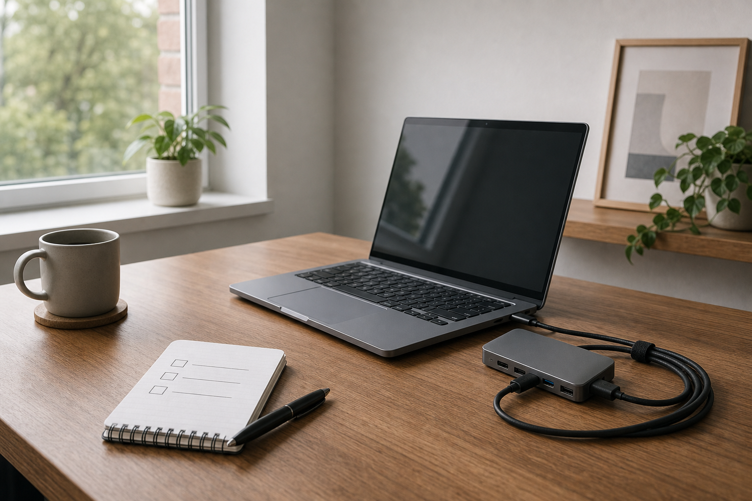 Compact desk with a single laptop dock and organized USB-C cables