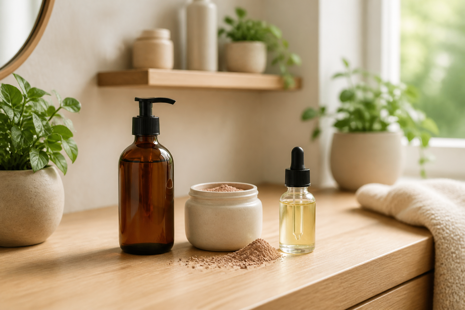 Clean vanity setup with three beauty and wellness products arranged for a practical morning routine