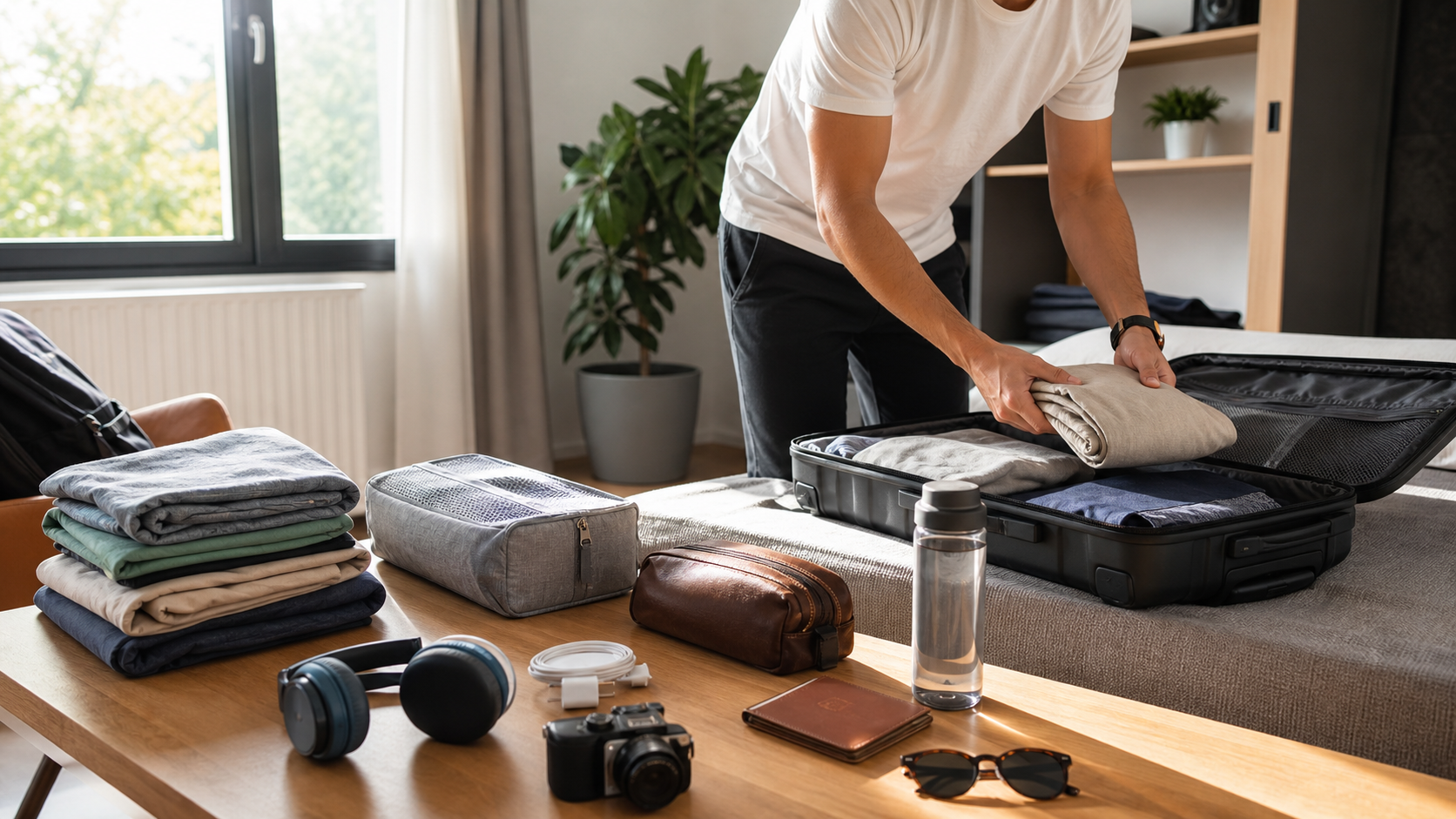 Traveler packing travel essentials beside a neatly arranged carry-on bag outdoors