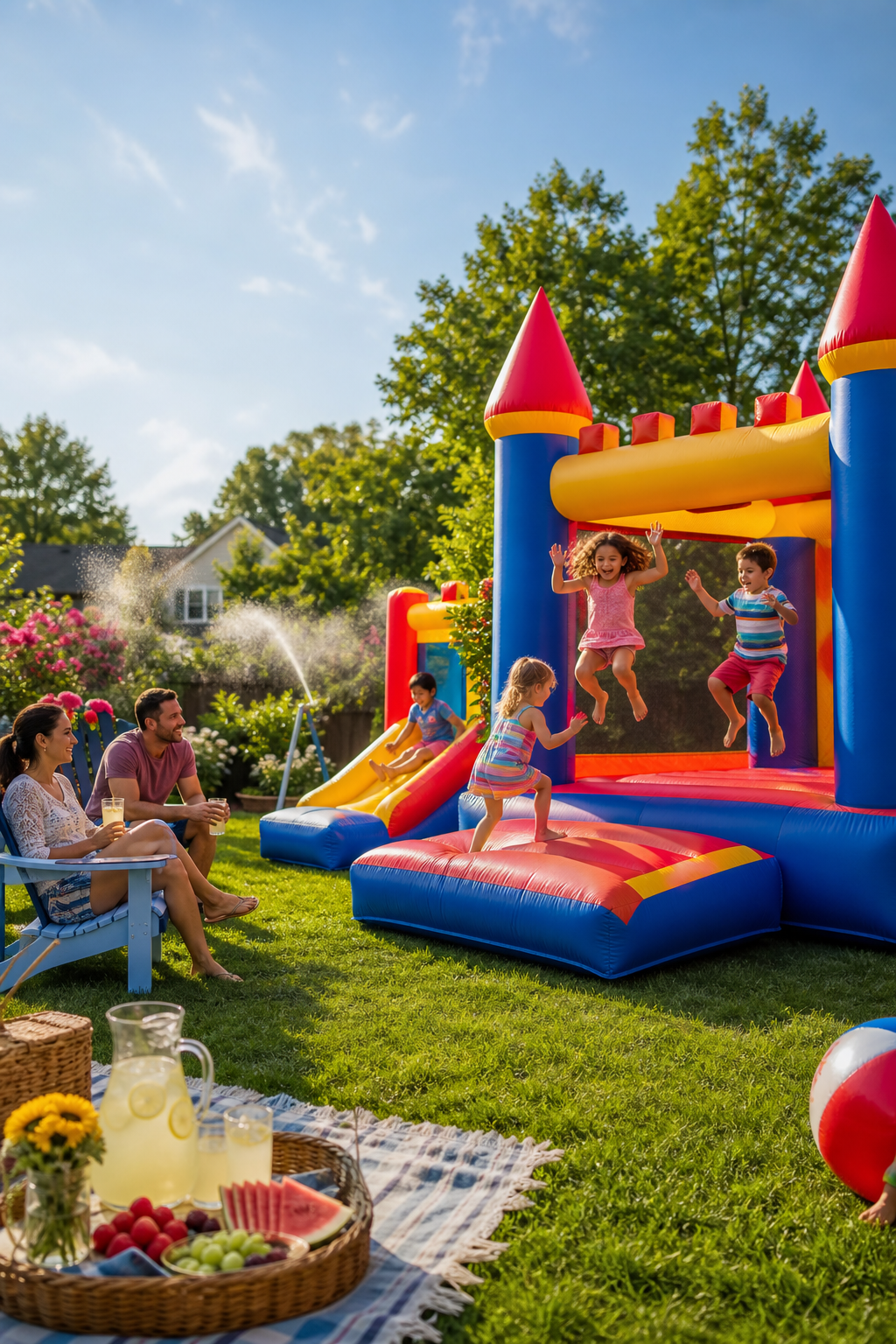 Inflatable backyard bounce house with slide set up on a sunny lawn for a family summer play guide.