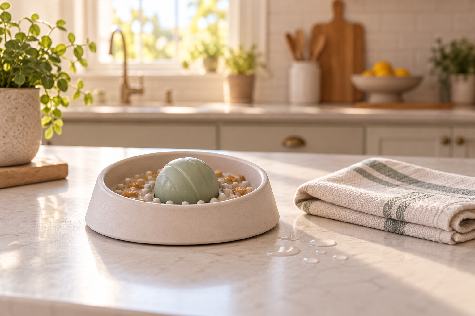 A slow feeder lick bowl with a rolling ball on a kitchen counter next to a folded towel