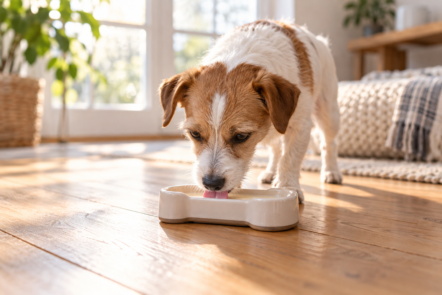 A dog drinking slowly from a bone-shaped lick bowl.