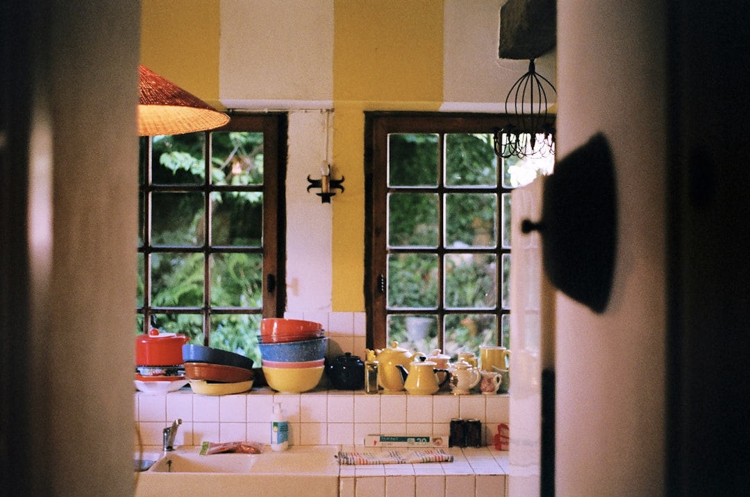 Plug-in flying insect trap beside a fruit bowl on a tidy kitchen counter