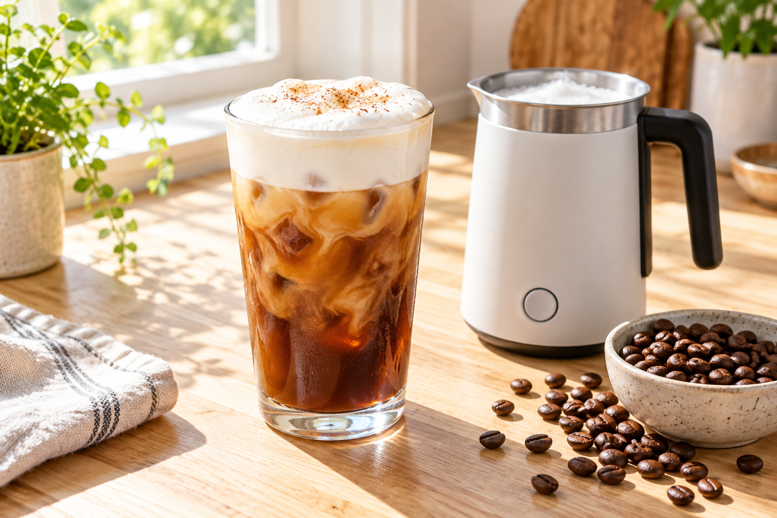 Glass of iced coffee topped with cold foam beside a compact milk frother on a bright kitchen counter