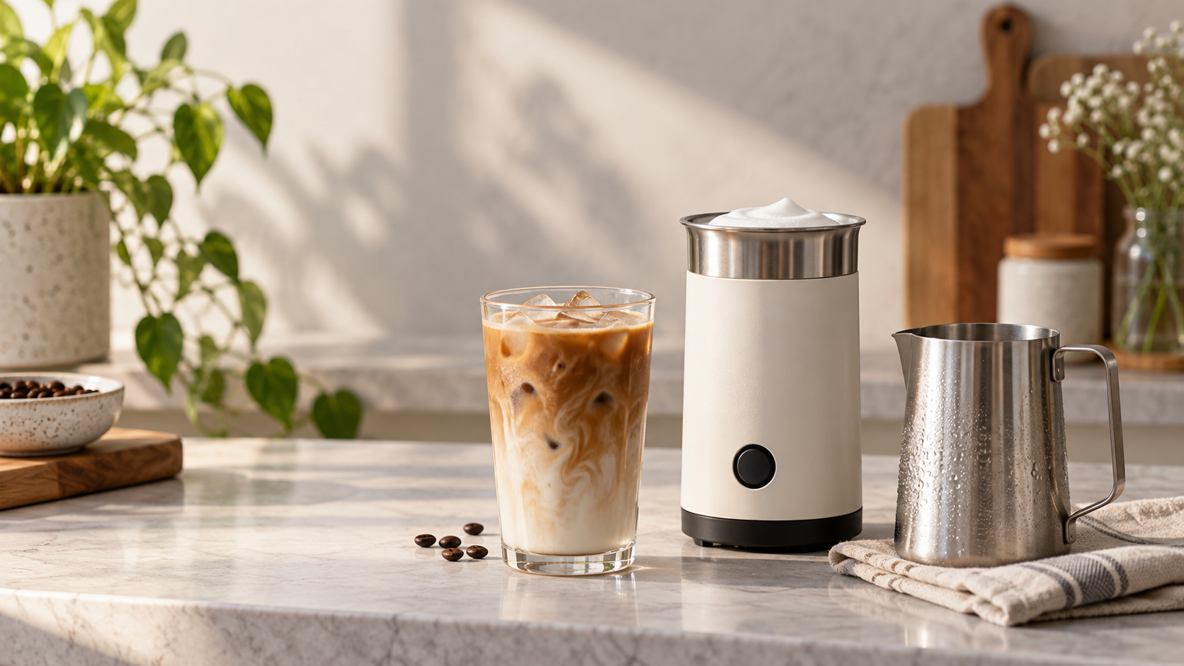 Milk frother and iced latte on a small kitchen counter