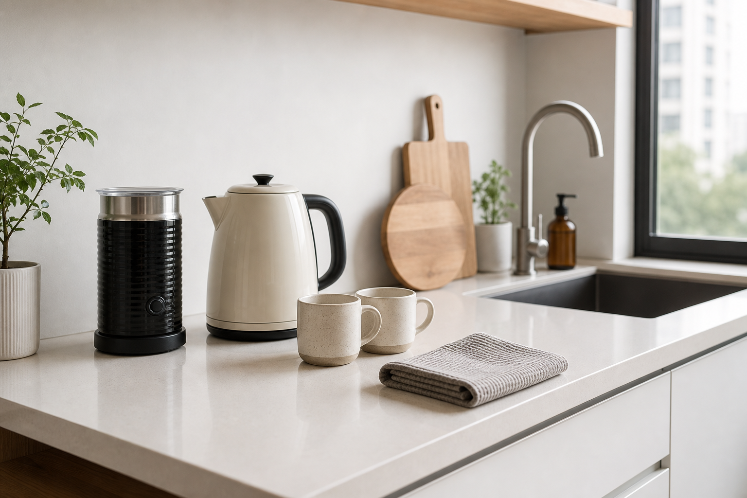 A compact kitchen counter with a milk frother, kettle, and wipe cloths after a drink reset.