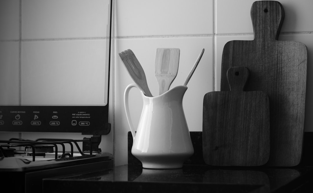 Compact counter with hot chocolate maker and tidy serving setup