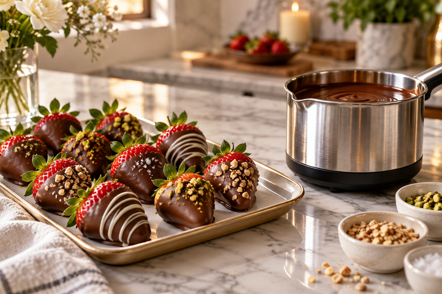 Tray of chocolate-dipped strawberries beside a small stainless steel chocolate melting pot on a marble counter