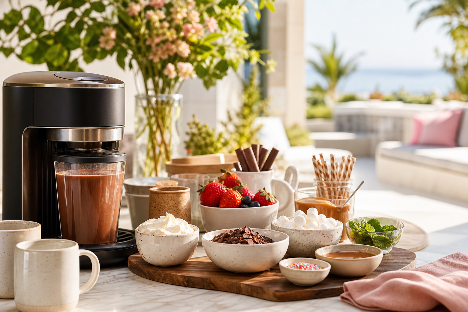 Summer cocoa bar setup with a hot chocolate maker, cups, whipped cream, and chocolate toppings on a clean kitchen counter