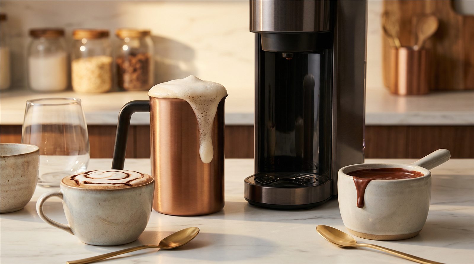 Foamy coffee, chocolate drink, and milk frothing setup on a warm kitchen counter
