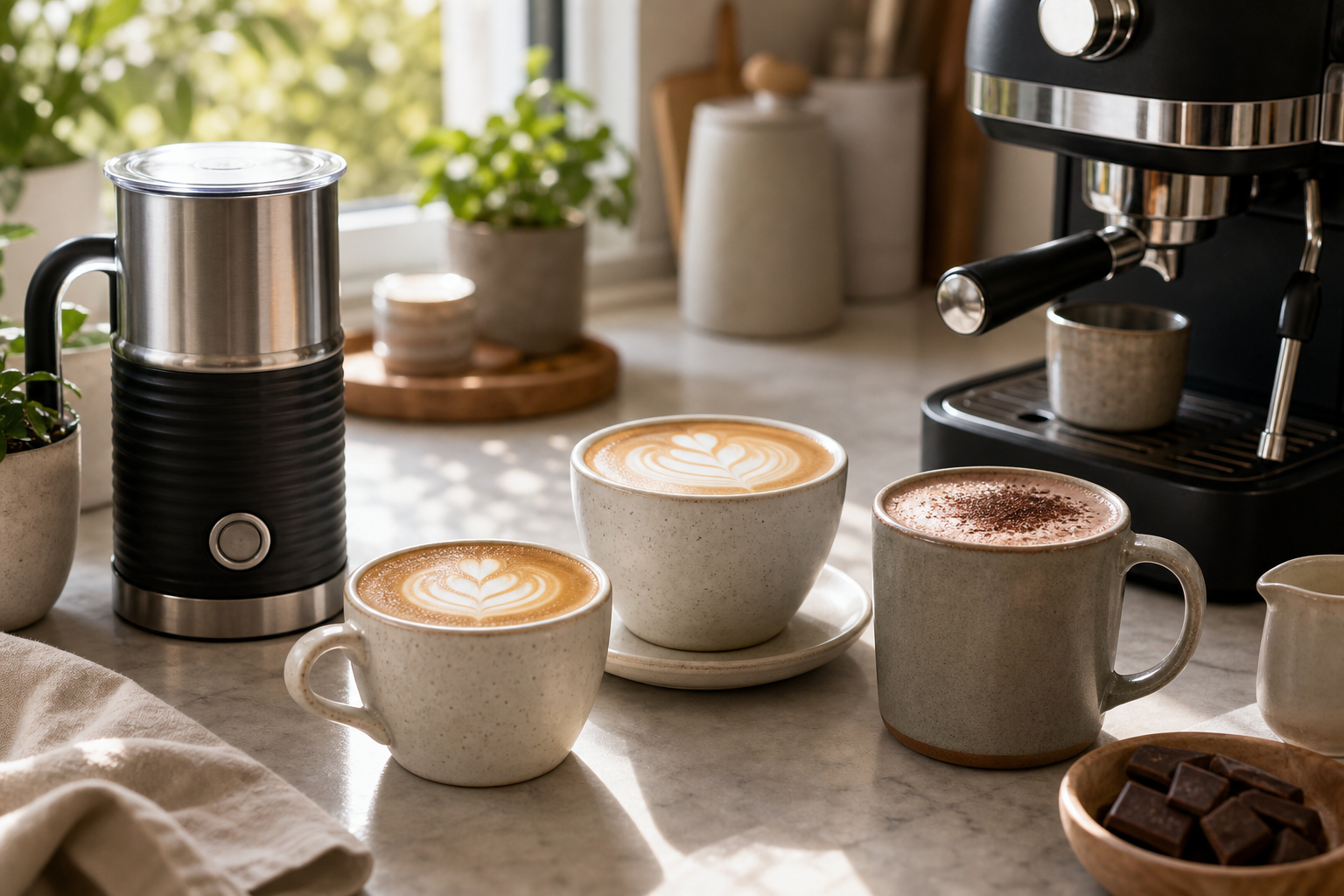 Milk frother beside a latte cup and hot chocolate mug on a tidy kitchen counter
