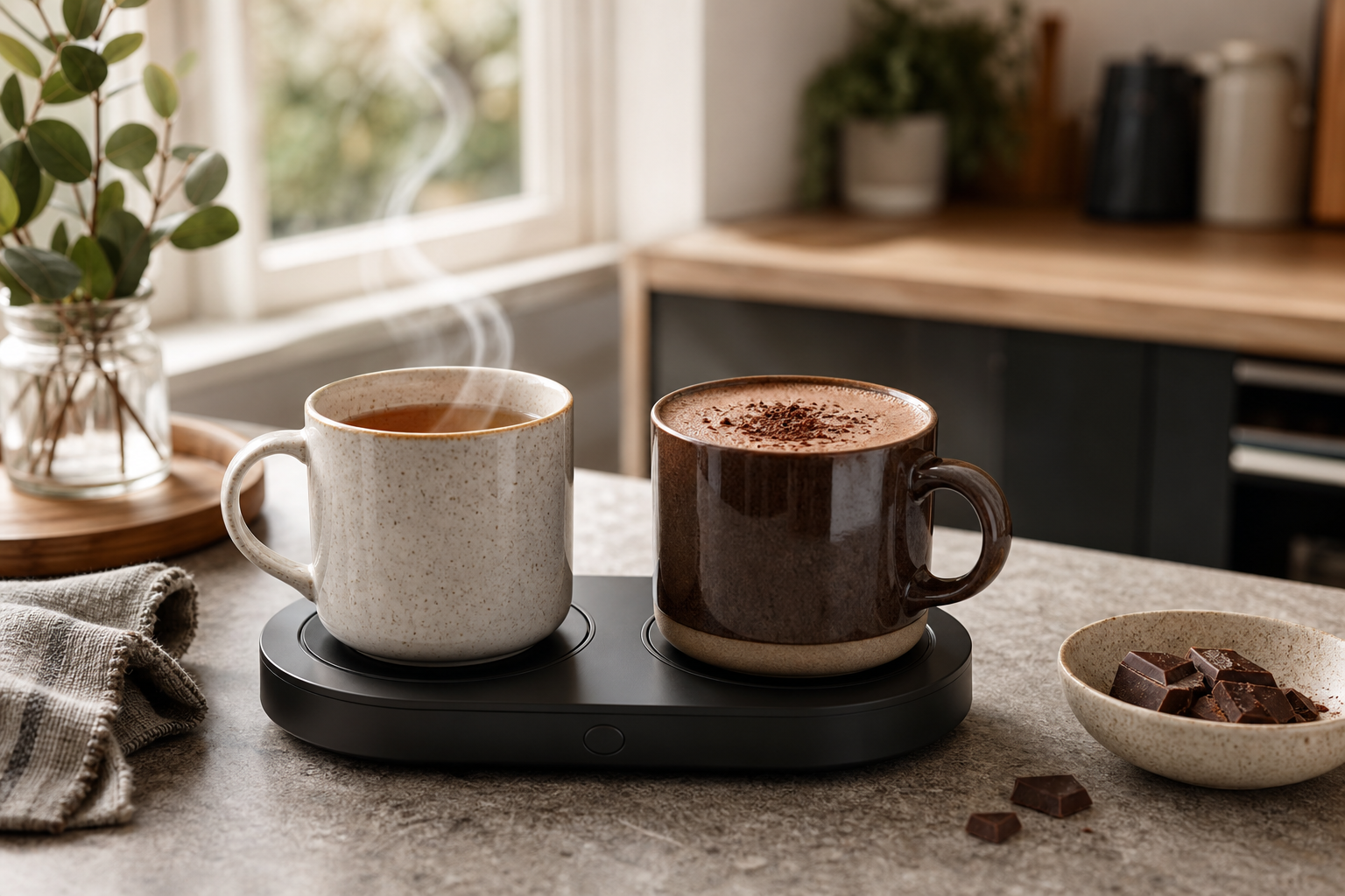 A warm mug by mug warmer and tea setup on a tidy kitchen counter