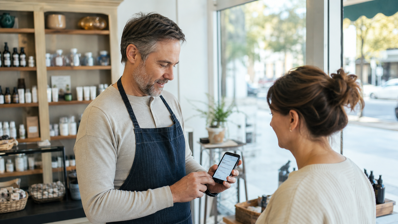 Store owner updating profile details on a smartphone in a real local storefront