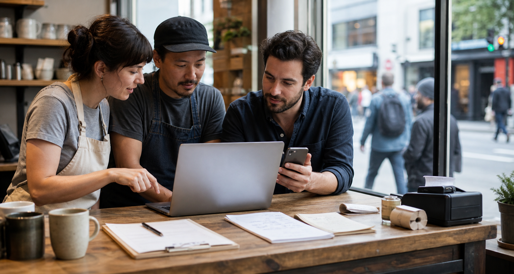 Store team reviewing AI-generated update draft at counter with approval checklist