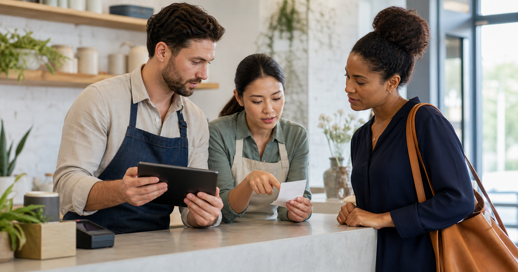 A small local shop team calmly verifies a suspicious payment alert at the front desk before replying to a customer